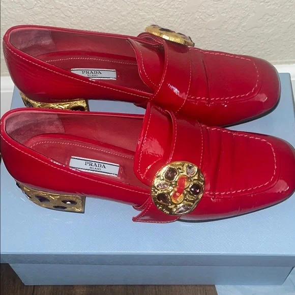 Prada Women's Red Patent Leather Loafers with Gold Accents - Picture 3 of 16
